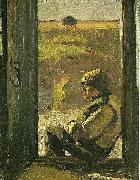 Viggo Johansen blinde- christian siddende i doren til sit hus oil painting
